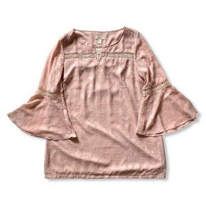 LOFT Tunic Blouse Women Size L Light Pink Cutout Crochet Bell Flare Sleeve Lined